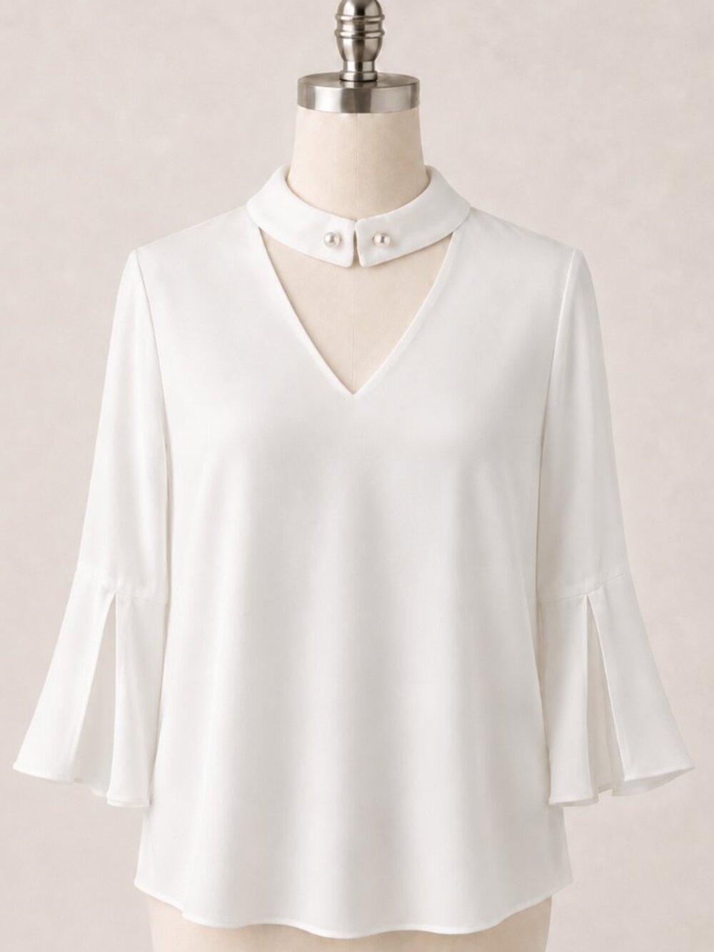 NEW White Blouse V neck pearl brooch pin Medium night out 3/4 sleeves - Picture 1 of 10